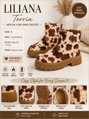 Liliana Torria Alaska Ankle Boots Mocha Cow Print Size 8